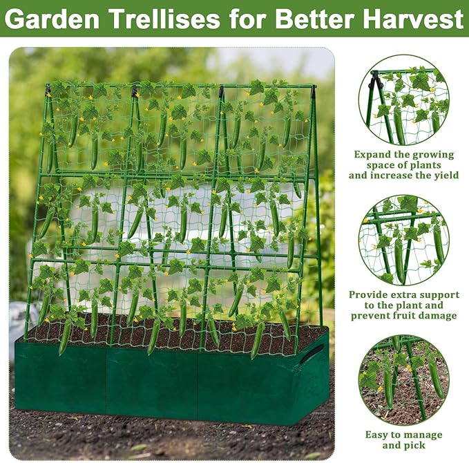 Cucumber Trellis for Garden, 50 x 54 Inches A Frame Gardening Trellis with Fabric Raised Garden Bed, Climbing Net and Plant Support Clips for Climbing Plants
