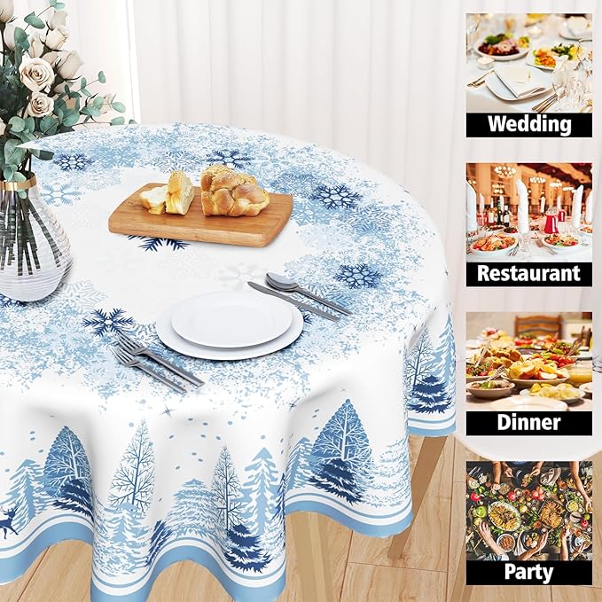 Giwawa Christmas Farmhouse Round Tablecloth 60 inch,Winter Woodland Deer Pine Tree Snowflake Holiday Tablecloths Washable Stainproof Table Cover for Home Restaurant Dining Room Decor