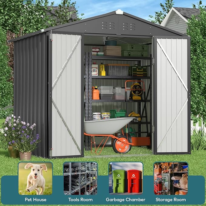 Gizoon Outdoor Storage Shed 8 x 6 FT, Galvanized Metal Garden Shed with Double Lockable Doors, Outdoor Storage Clearance for Backyard Patio Lawn-Dark Grey
