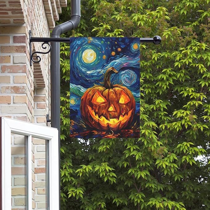 Halloween Garden Flag Pumpkin House Banner Van Gogh Garden Flags Arts Starry Night Sky Moon Yard Flags Double Sided Fall Porch Patio Farmhouse Outdoor Yard Window Decorative 28 x 40 Inch