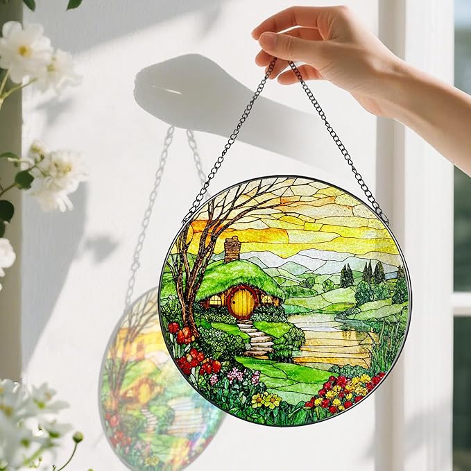 Stained Glass Window Hanging, Pauyadu 8 Inch The Shire Stained Glass Suncatcher, Window Decorations for Home, Mother's Day, Christmas, Birthday Gifts for Women, Mom, and Grandma, Nature Lovers