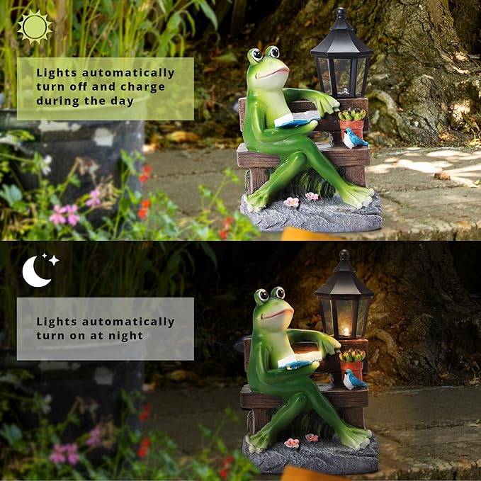 Outdoor Resin Frog Reading Statue, Solar-Powered Garden Decor, Art Deco Frog Sculpture for Mom, Grandma, Wife