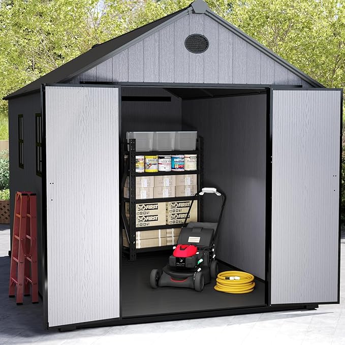 7.3 x 12 FT Shed Resin Outdoor Storage with Floor, 566 cuft Plastic Shed with Window and Lockable Door for Garden, Backyard, with Wood Texture, Grey