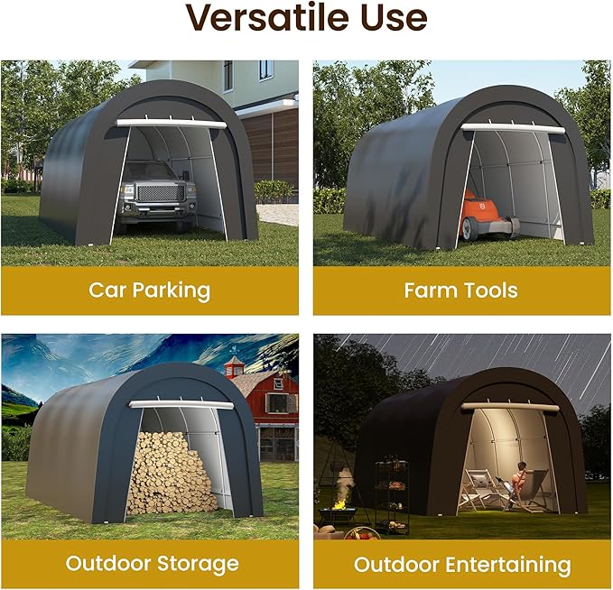 10'x20' Carport, Outdoor Round Portable Garage with 2 Roll up Doors, Heavy Duty Storage Shelter Car Canopy Party Tent, Dark Gray