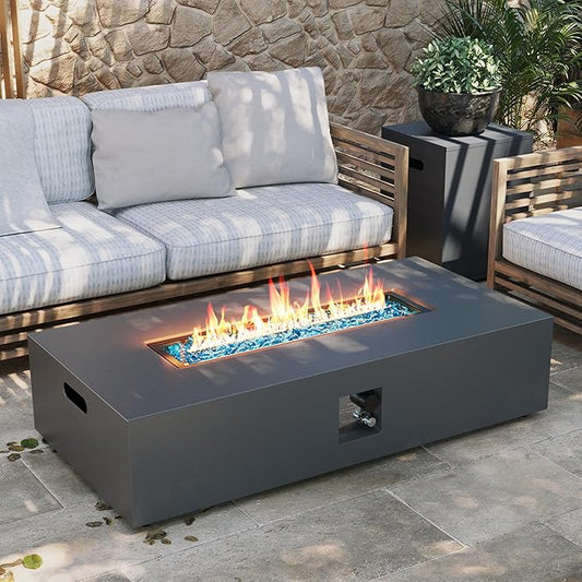 UPHA 56-inch Outdoor Propane Gas Fire Pit Table 50000 BTU Iron Rectangle Firepit for Outside Patio with Tank Hidden Table, Removable Lid, Blue Glass Rocks, Rain Cover, Dark Grey
