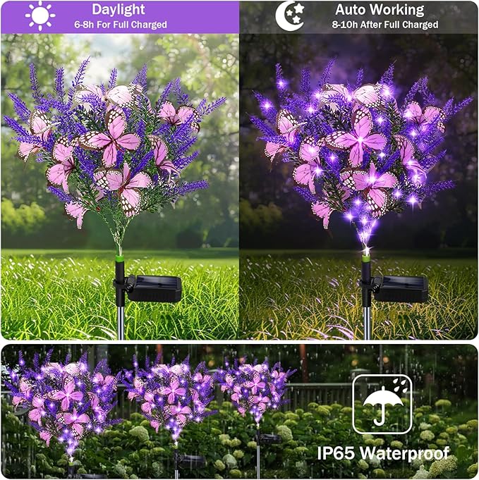Solar Garden Lights Outdoor, 2 Pack Purple Lavender Solar Butterfly Lights Gardening Gifts for Women,Artificial Flowers Light Purple Halloween Garden Decor for Patio Yard Lawn Christmas