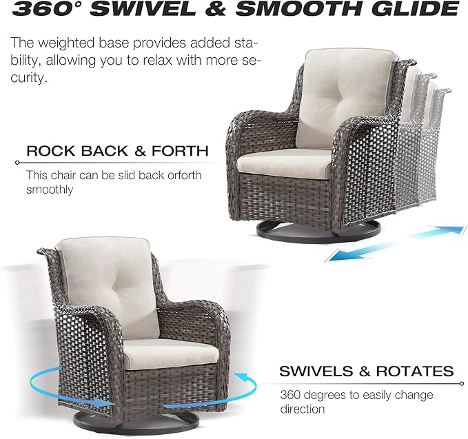 Joyside Outdoor Swivel Rocker Patio Chairs Set of 2 and Matching Side Table - 3 Piece Wicker Patio Bistro Set with Premium Fabric Cushions(Mixed Grey/Beige)