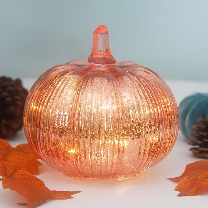 Mercury Glass Pumpkin Lights with Timer, Battery Operated Led Pumpkin Lights for Halloween Fall,Thanksgiving Rustic Decor (Rosegold Fine-Striped, 6")