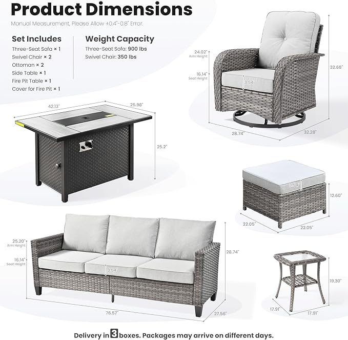 ovios 7 Pieces Patio Furniture Set, Outdoor Wicker Sofa Couch with Rocking Swivel Chairs Fire Pit Table, Modern Deep Seat Rattan Conversation Sets for Porch Deck, Grey