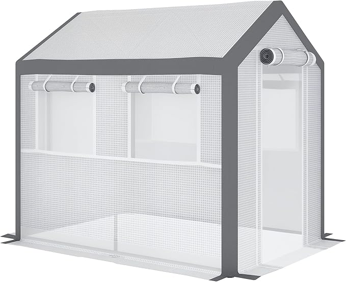 Outsunny 8' x 6' x 7.5' Walk-in Greenhouse, Outdoor Gardening Canopy with 6 Roll-up Windows, 2 Zippered Doors & Weather Cover, White