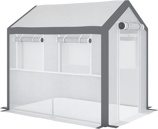 Outsunny 8' x 6' x 7.5' Walk-in Greenhouse, Outdoor Gardening Canopy with 6 Roll-up Windows, 2 Zippered Doors & Weather Cover, White