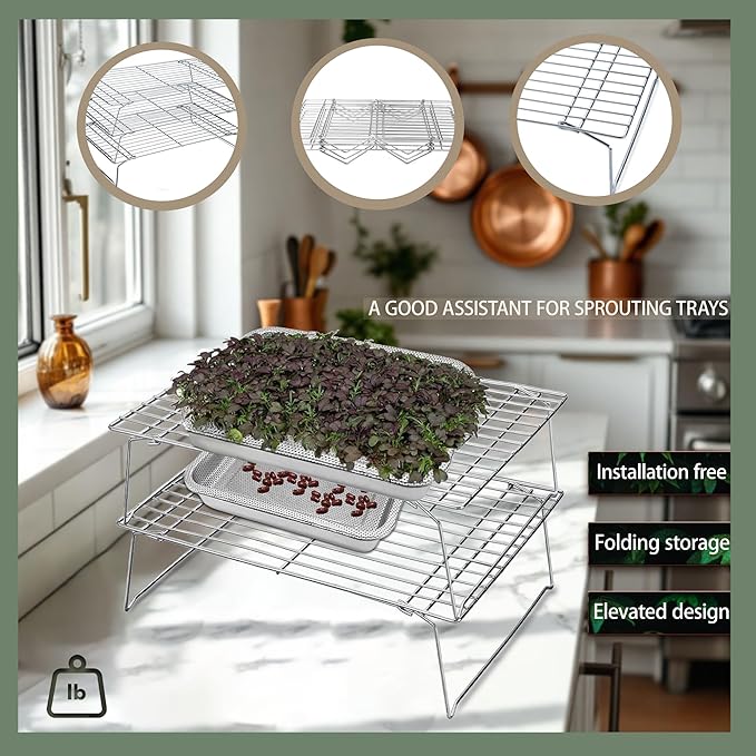 Sprouts Growing Rack 3-Tier 14 inch Shelf, Metal Foldable Plant Stand for Sprouting Tray Indoor, Seed Starting Tray Plant Shelf, Silver Rack for Kitchen Table Top Space Saving