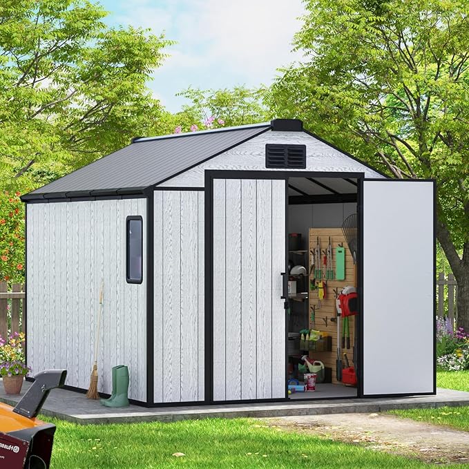 MELLCOM 8 x 10 FT Resin Garden Storage Shed with Floor, Outdoor Storage Shed with Windows and Lockable Door, Resin Tool Shed for Bike, Pool Supply, Lawnmower