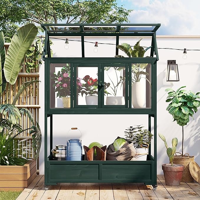 Garden Wood Portable Cold Frame - Mini Greenhouse with Wheels, Open Roof & Storage (Green + Beige + Beige)