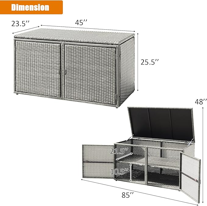 HAPPYGRILL Deck Box Outdoor Patio Pool Storage Box Outside Rattan Wicker Storage Bin Cabinet with Steel Frame Shelf for Garden Balcony Porch Yard Furniture Tools