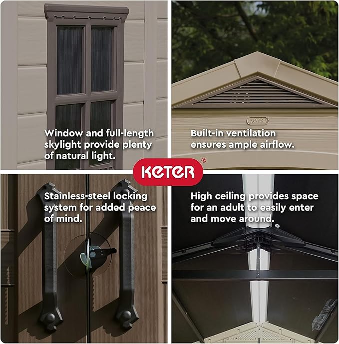 Keter Factor 8 x 11 Foot All Weather Resin Outdoor Storage Shed with 2 Shelves Included and Built-in Ventilation for Backyard Organization, Taupe