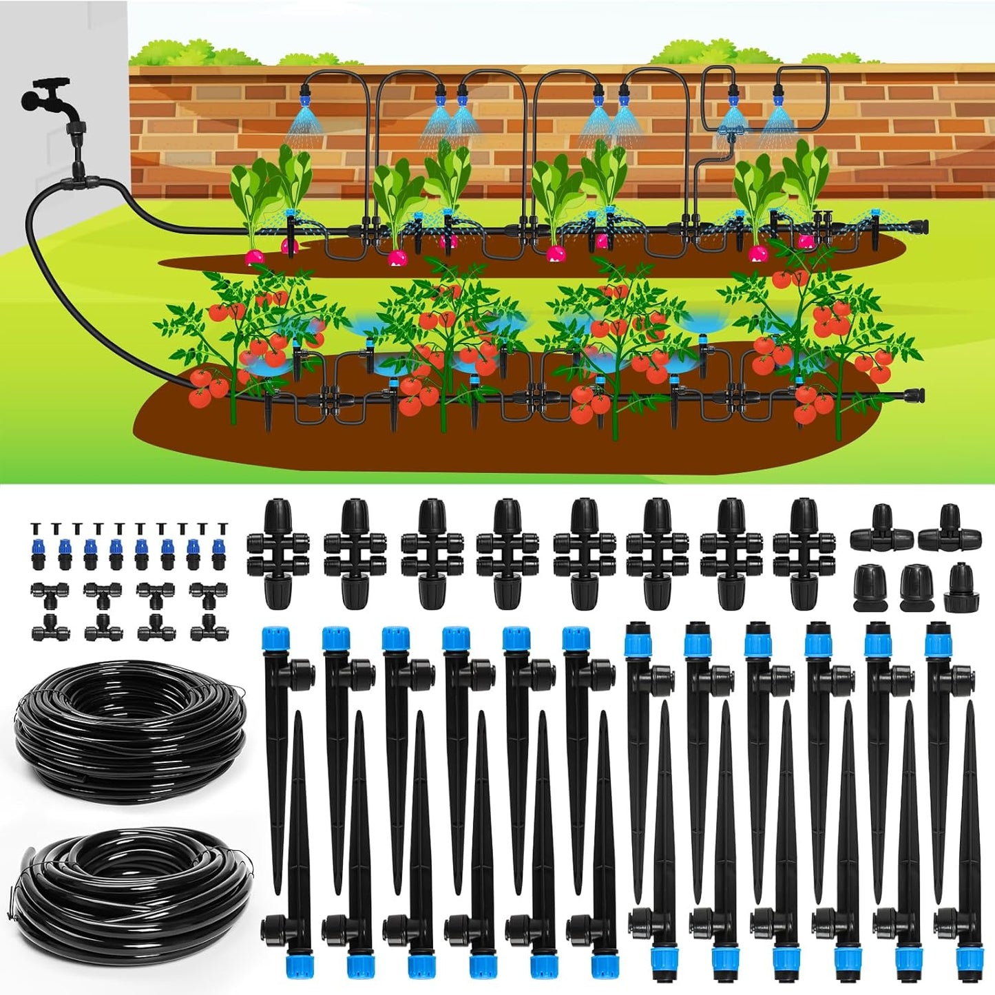 Bonviee Drip Irrigation System, 230FT Garden Watering System with Quick-to-Connect Fittings, Adjustable Drip Emitters, 1/4” & 5/16” Tubing, Drip Irrigation Kit for Raised Garden Beds, Greenhouse, Lawn