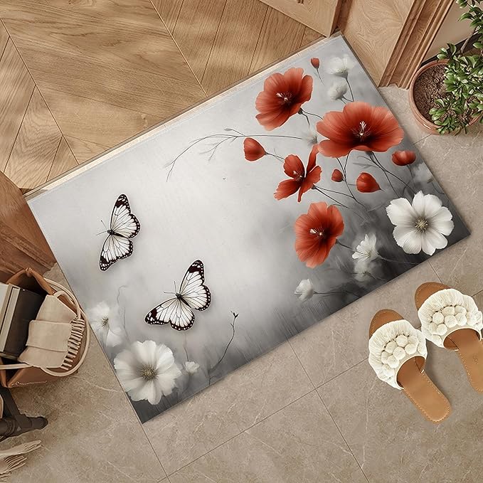 Red Poppy Flower Welcome Mat Indoor,Vintage Butterfly Floral Front Door Mat,Non-Slip Entryway Rug, Low Profile Felt Indoor Doormat for Back Door Porch Patio Entrance,30 x 17 Inch