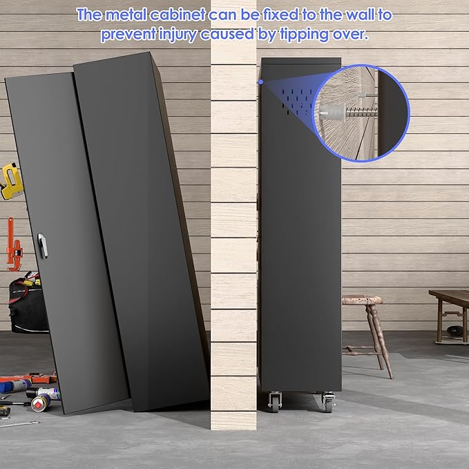 61.7" H Metal Garage Storage Cabinet with Wheels and Hanging Rod,Broom Closet Storage Cabinet with Pegboard and 4 Adjustable Shelves with 120LBS for Garage Home Office School,Required Assembly,Black