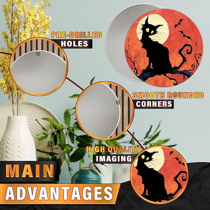 PEACHGARDEN Vintage Halloween Black Cat Round Tin Sign Gothic Decor Wall Art Metal Plaque 8x8inch
