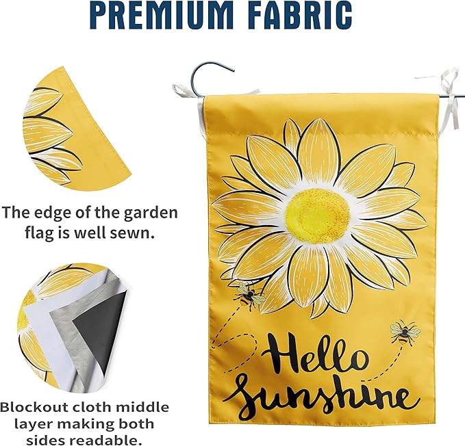 Hello Sunshine Garden Flag Bee Sunflower Flag Summer Garden Flags for Outside Yellow Flower Flag 12x18 Double Sided Yard Outdoor Front Porch Decor