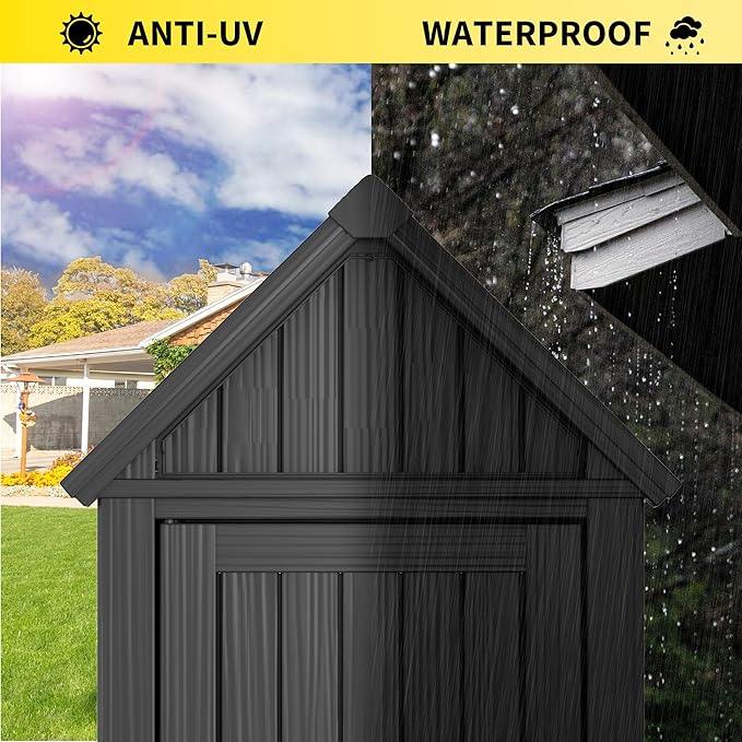 Outdoor Resin Storage Shed, Upgrade Durable Storage Cabinet with Removable Shelves and Lock Ring, Reinforced Floor, All-Weather Construction for Garden Patio Lawn (Black)