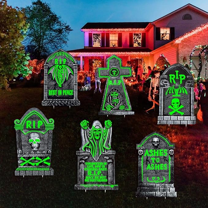 Large Halloween Tombstones Decorations Outdoor Yard Signs, 6Pcs 16"x25" Light Up Tombstones for Graveyard Displays, Glow in The Dark Cemetery Props, Waterproof and Reusable for Parties