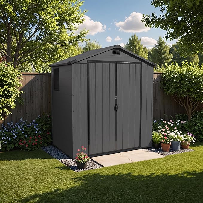 Patiowell 6 x 4 FT Plastic Outdoor Storage Shed with Floor, Resin Outside Tool Shed with Window and Lockable Door for Backyard, Garden, Tool Storage Use, Easy to Install, Dark Grey