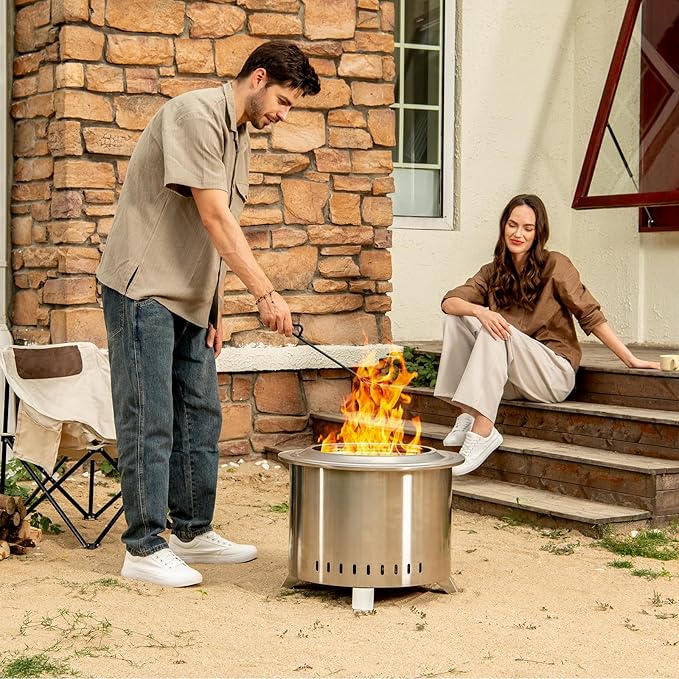 Smokeless Fire Pit,22 Inch Stainless Steel Firepit, Outdoor Wood Burning Fire Pit with Cover,Smokeless Firepits for Outside Backyard Patio Garden Camping Bonfire（Silver）