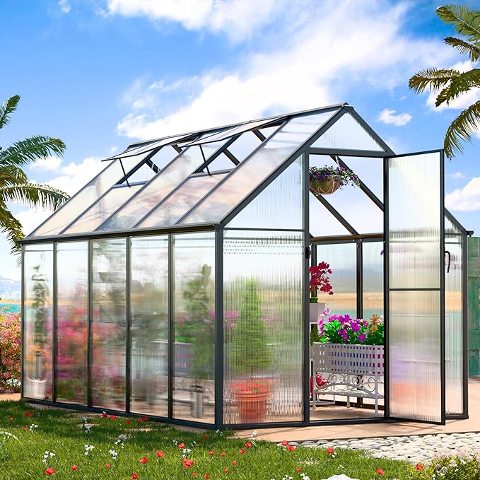 Greenhouse, 10.3x6.2 FT Upgraded Hybrid Polycarbonate Greenhouses for Outdoors w/2 Vent Windows & Swing Door Walk-in Greenhouses Aluminum Green House for Garden Backyard, Easy to Install