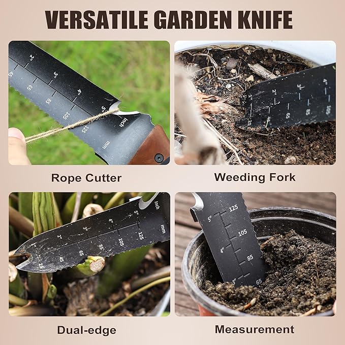 TOPLINE Hori Hori Garden Knife with Oxford Sheath, 7”Stainless Steel Blade with Cutting Edge, Full Tang Walnut Handle with Hanging Hole, Multifunctional Garden Tools for Weeding, Planting, Cutting