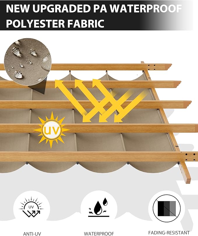 10x13 Ft Outdoor Retractable Pergola with Adjustable Roof Modern Metal Patio Gazebo, Upgraded Faux Wood Grain Aluminum Pergola for Deck, Backyard Gardens, Porches, Grapevines, Khaki