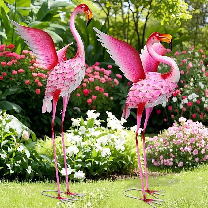 WONDER GARDEN Pink Flamingo Statue-Garden Statues for Outside - 2 Pack Flamingos Sculptures Statue, Metal Birds Yard Art for Pond, Patio, Outdoor, Porch Decor