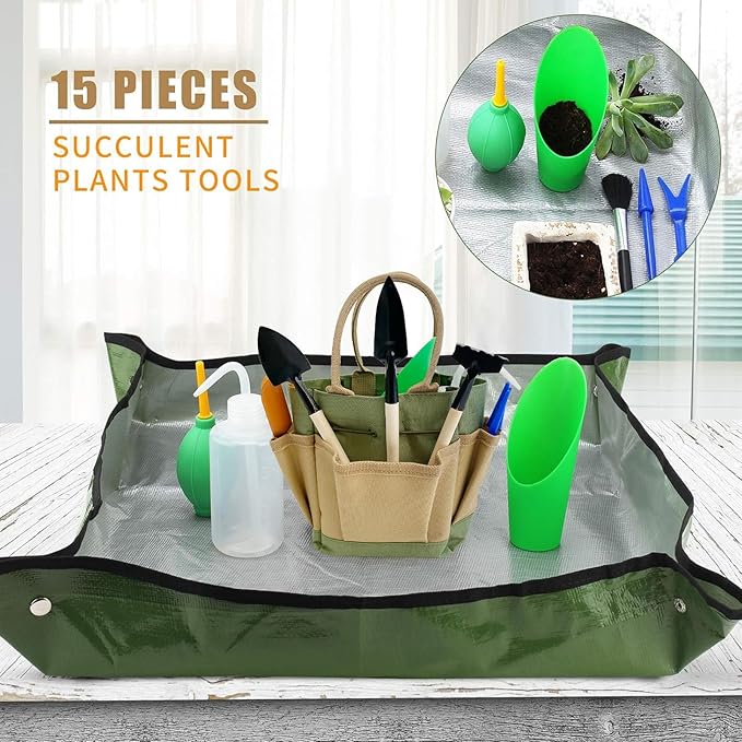 G GOOD GAIN Garden Succulent Kit with Organizer Bag, 14 Pieces Succulent Tools, Indoor Mini Hand Gardening Tools Set with Carrier for Bonsai Planter Miniature Fairy Planting Care(Green)