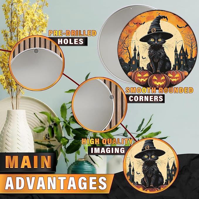 PEACHGARDEN Round Black Cat With Bats On Pumpkin Vintage Sign Halloween Metal Tin Sign for Home Bar Kitchen Hotel Dining Room Coffee 12x12inch