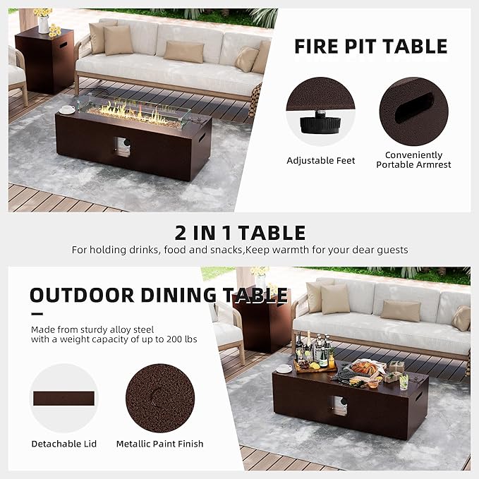 UPHA 42-inch Outdoor Propane Gas Fire Pit Table 50000 BTU Iron Rectangle Firepit for Outside Patio with Tank Hidden Table, Wind Guard, Removable Lid, Gold Glass Rocks, Rain Cover, Brown