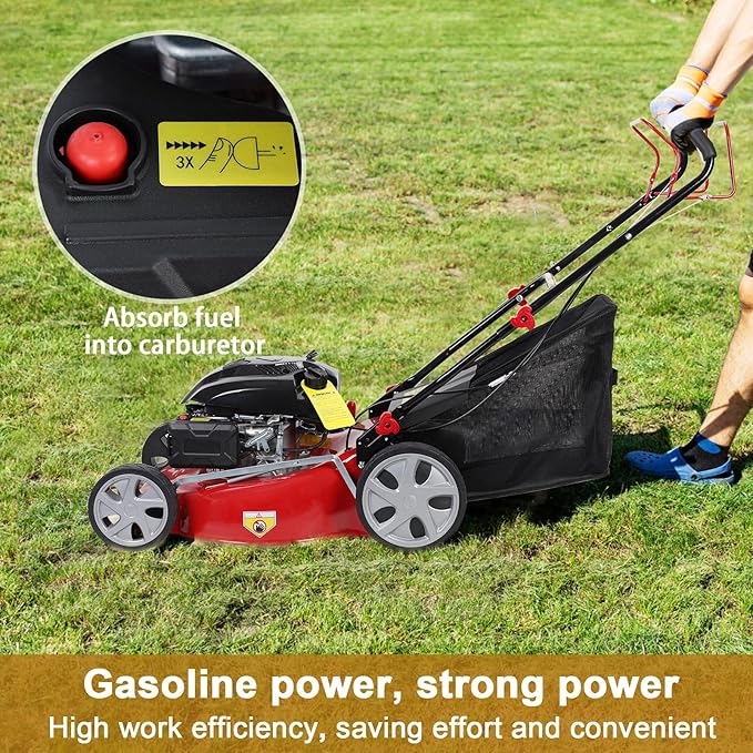 Self Propelled Gas Lawn Mower, 141CC 4-Stroke Push Mower, Strong Power Gas Mowers, 2850RPM Cordless String Trimmer with 20" Blade, Walk-Behind Lawn Mowers with 50L Grass Tank, Big Wheel