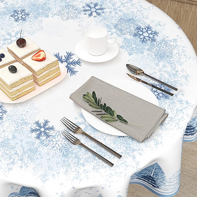 Giwawa Christmas Farmhouse Round Tablecloth 60 inch,Winter Woodland Deer Pine Tree Snowflake Holiday Tablecloths Washable Stainproof Table Cover for Home Restaurant Dining Room Decor