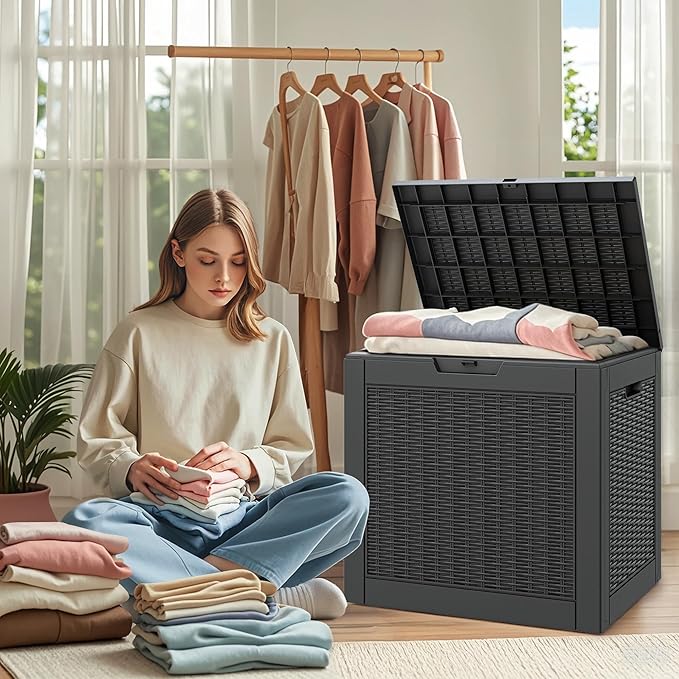 35 Gallon Outdoor Storage Box Set of 2, Waterproof Resin Deck Box with Lockable, Patio Furniture Storage Bin for Package Delivery, Patio Cushions, Garden Tools, Pool Accessories, Black