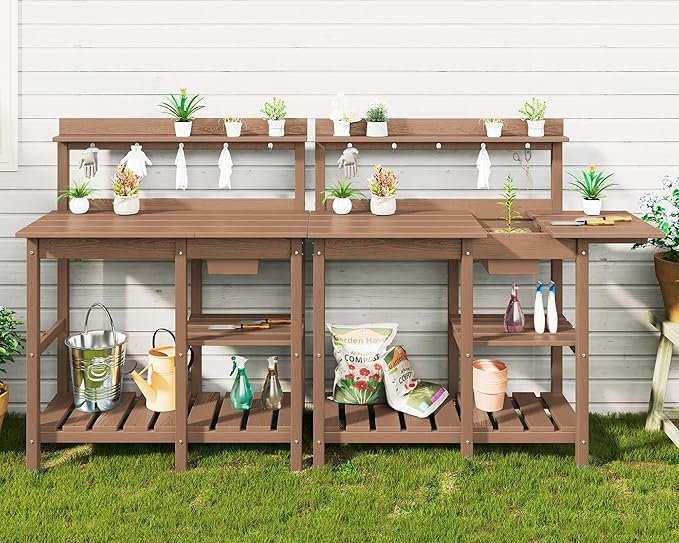 SERWALL Potting Bench Set of 2 Outdoor Potting Table with Sink, HDPE Potting Benches for Outside Gardening Table All Weather Use- Brown