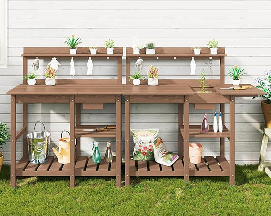 SERWALL Potting Bench Set of 2 Outdoor Potting Table with Sink, HDPE Potting Benches for Outside Gardening Table All Weather Use- Brown