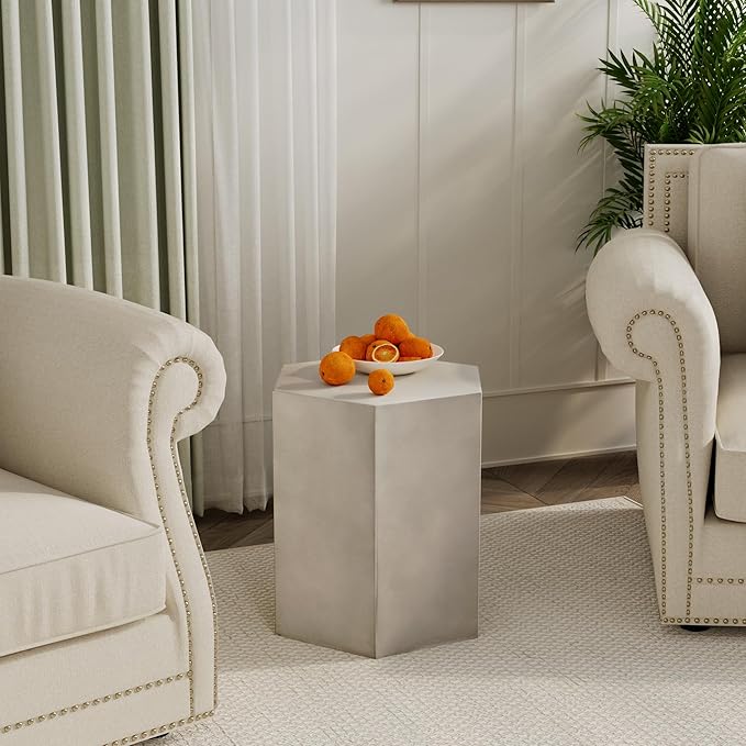 COSIEST Concrete Accent Table, Hexagon Patio Side Table 14.5''Wx16''H, Modular Design Indoor Outdoor End Table, Light Grey