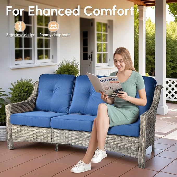 8 Pieces Patio Outdoor Furniture Set with Swivel Rocking Chairs,All Weather Wicker Rattan Patio Seating Sofa and Chair Set w/Ottoman,Outdoor Conversation Sets for Deck Yard Garden,Navy Blue