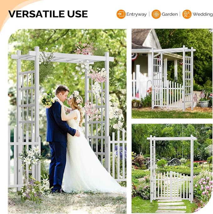 VINGLI Garden Arbor with Gate, PVC Wedding Arch for Ceremony Party, Garden Trellis for Climbing Plants Outdoor, Arch Backdrop Stand for Garden, Backyard, Lawn, Wedding