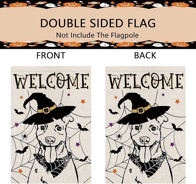 Halloween Garden Flag Pitbull Cobweb Bats Double Sided Vertical Welcome Flag Seasonal Holiday Outdoor Yard Lawn Party Decorations 12.5 x 18 Inch