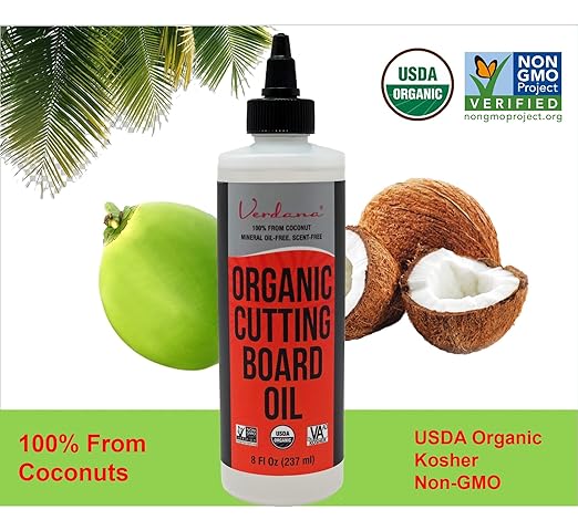 Verdana Food Grade Cutting Board Oil for Wood – 8 Fl Oz - Organic, Kosher, Non-GMO – Coconut Derived, No Mineral Oil – Conditioner & Polish for Butcher Block, Bamboo, Utensils, Wood Furniture