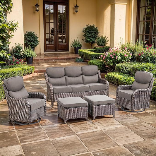 Luxury High Back Outdoor Furniture with 6-inch Extra Thick Cushions, Patio Furniture Set with Swivel Chairs, 5 PCS Wicker Conversation Set for Yard, Deck, Poolside, Brown/Grey