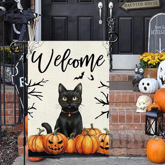 DLZDN Welcome Halloween Black Cat Garden Flag Jack O Lantern Flag 12×18 Inch Double Side Vertical Burlap Farmhouse Yard Sign Holiday Seasonal Outdoor House Decoration
