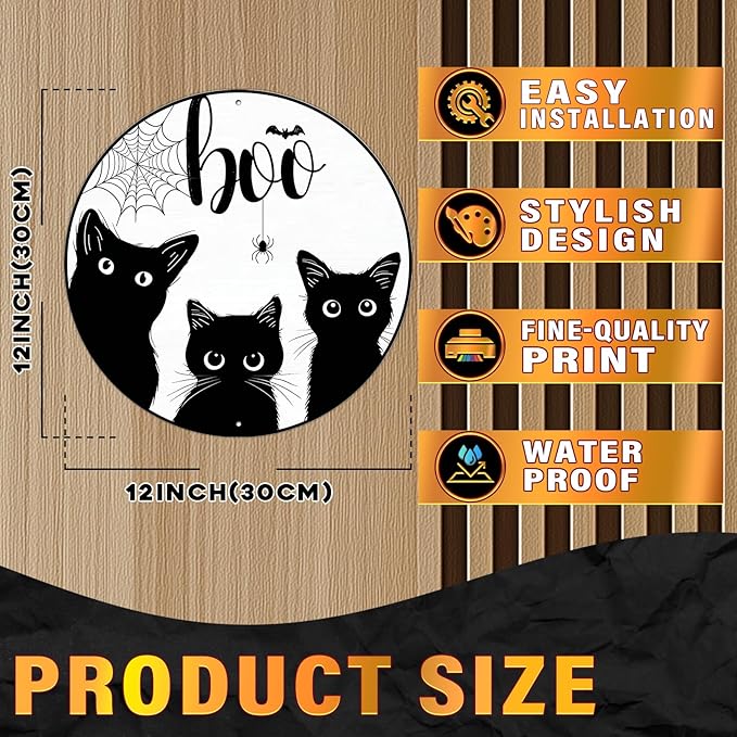 PEACHGARDEN Black Cat Halloween Metal Tin Sign Vintage Gothic Decor Boo Plaque Spooky Wall Art Retro Iron Painting for Home Porch Bar 12x12inch