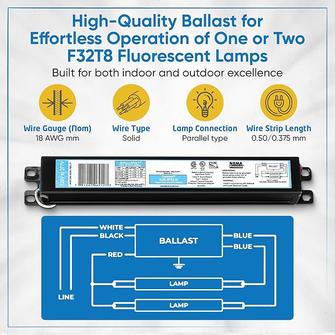 ICN1P32N, 120-277V, 50-60Hz Input Frequency, Solid Wire Type, Instant Start Centium Electronic Fluorescent Ballast for 1 F32T8 Lamp Type, Indoor/Outdoor Use with Automatic Restart Ballast Box, 10 Pack
